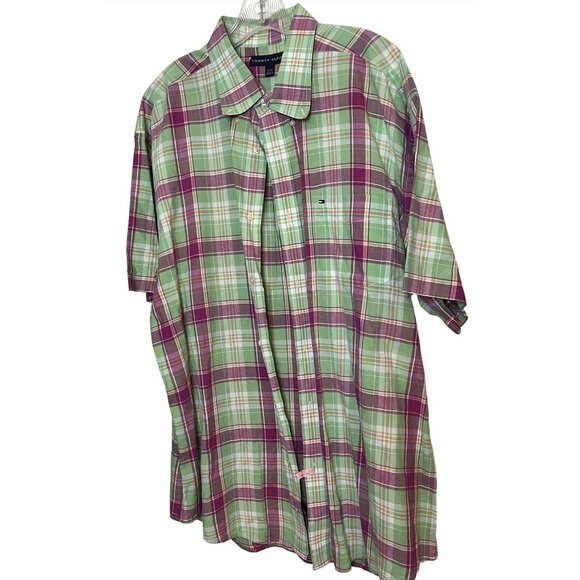 Tommy Hilfiger Other - Tommy Hilfiger Mens Plaid Short Sleeve Button-Up Shirt XL Green & Purple Cotton